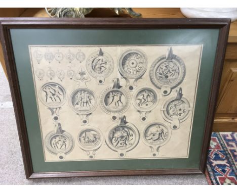A framed print showing Roman coins.Approx 48x58cm