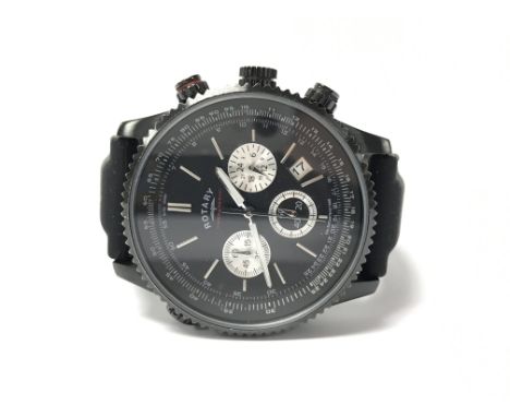 A gents Rotary Chronospeed chronograph wristwatch. The black dial presenting three metallic subsidiary dials and date apertur