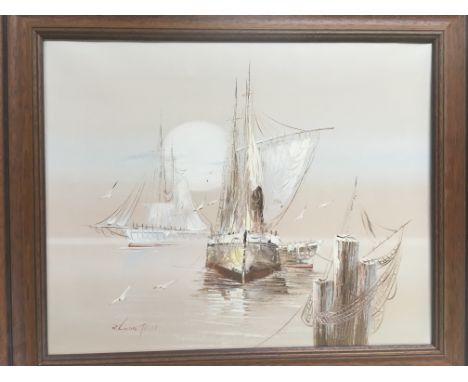 An oil on canvas of sailing boats, signed R Lindtsrom, approx 61cm x 51cm.