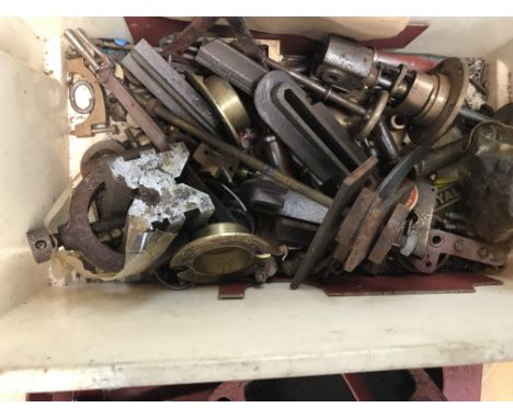 A box containing 15 trays of various nuts, bolts, steam engine fixings, Stanley plane no. 50, tools etc