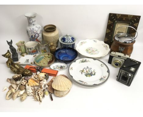 A collection of various oddments to include vases, plates, brass cats, horse brasses, a Hermes leather wrapped pencil, a coll