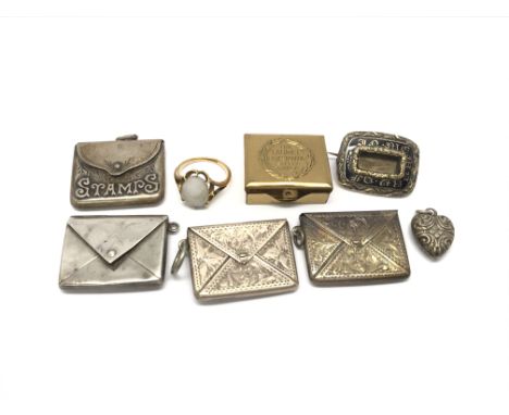 An opal ring marked 18ct and a selection of stamp holders, miniature razor etc