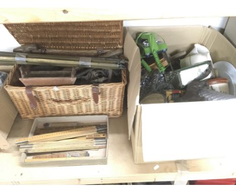 Two boxes of mainly tools and kitchenalia plus a small box of folding rulers (3).