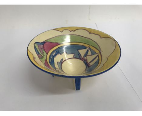 A small Clarice cliff conical bowl decorated in the Gibraltar pattern, slight paint loss no restoration. 11.5 cm