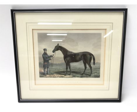 Nine framed vintage prints including a large equine print of the Flying Dutchman and eight smaller prints of similar design d