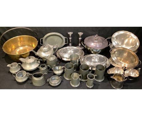 Metalware - a brass jam pan; a Tudric pewter Arts and Crafts twin handled oval shaped dish; an EPNS ladle; various pewter tan