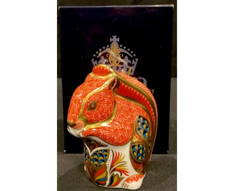 A Royal Crown Derby Red Squirrel paperweight, gold stopper, first quality, boxed 