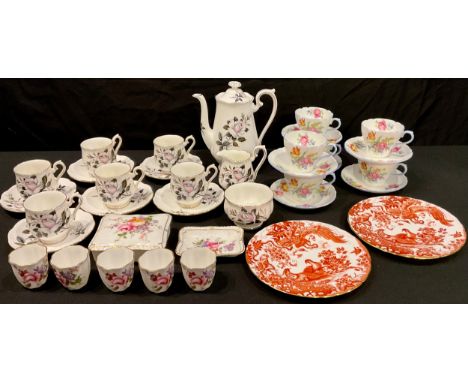 A set of six Shelley New Cambridge shape coffee cups and saucers, transfer printed with summer flowers; a Royal Albert Queen'