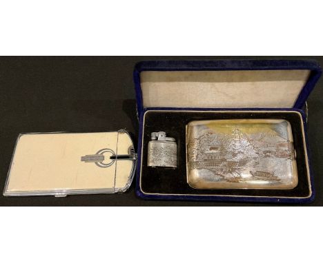 A Japanese silver plated cigarette case and lighter set; a Ronson Art Deco white enamelled combination cigarette case and lig