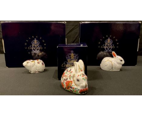 A Royal Crown Derby Meadow Rabbit paperweight, gold stopper, first quality, boxed; A Royal Crown Derby Bank Vole Members pack