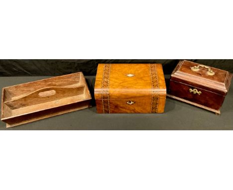 Boxes and Objects - a Victorian marquetry inlaid jewellery box; an oak two section cutlery box and a mahogany tea caddy (3) 