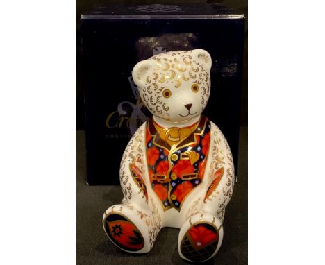 A Royal Crown Derby Debonair Bear paperweight, gold stopper, first quality, boxed 