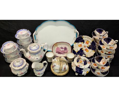 Mid 19th century teaware including Copeland Garrett 6949, tea pots, cups, saucers, bread and butter plates etc 