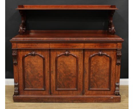 A Victorian mahogany buffet serving cabinet or chiffonier, the rectangular superstructure with scroll supports carved with ac