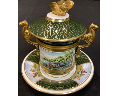 A Spode Antique Fishing Scene chocolate cup, cover and stand 