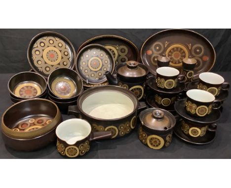 A Denby Arabesque pattern dinner and tea service, including oval serving dish, three oval plates, six side plates, fruit bowl