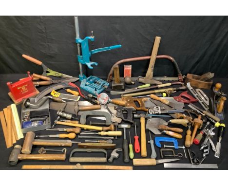 Tools - a selection of hand tools including planes, spirit level, chisels, saws, marking gauge, rulers, spanners, hammers, br