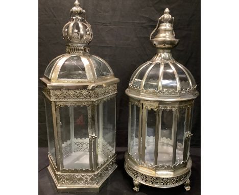 A reproduction 19th century style domed top, floor standing lantern, silver coloured, 60cm high; another similar (2) 