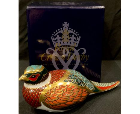 A Royal Crown Derby Woodland Pheasant paperweight, gold stopper, first quality, boxed 