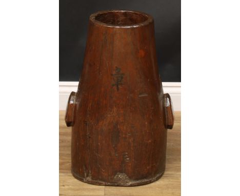 A Chinese softwood walking stick stand, painted with calligraphy script, 53cm high 