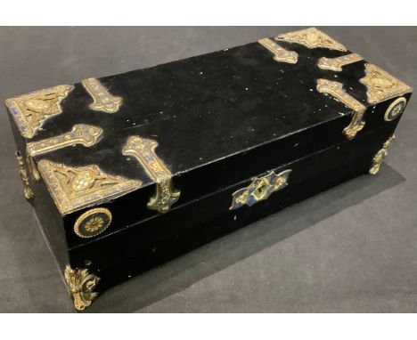 A 19th century Renaissance Revival gilt metal and enamel mounted ebonised jewellery box, hinged cover enclosing a lift-out tr