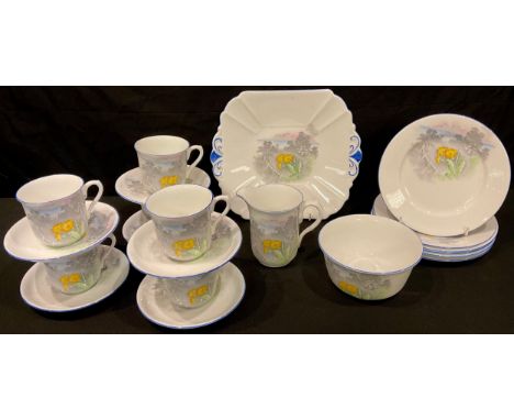 A Shelley 'Cowslip' pattern tea service for six comprising cake plate, side plates, cream jug, sugar bowl, tea cups and sauce