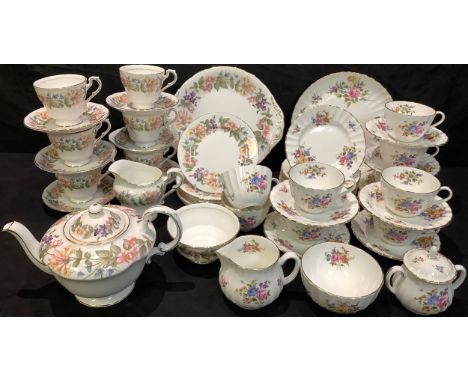 A Paragon Country Lane pattern tea service for six comprising teapot, cake plate, side plates, cream jug, sugar bowl, cups an