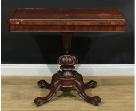 A 19th century rosewood card table, rectangular top enclosing a baize-lined playing surface, egg-and-dart baluster column, ca