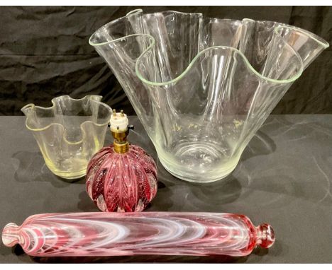 A 19th century Nailsea rolling pin, clear glass with pink and milk glass swirls, 41cm long; a Murano glass table lamp; a larg