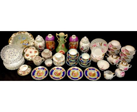 A USSR hand painted tea service comprising tea pot, milk, sugar, cups, saucers, plates, etc; Bavarian blue and white pierced 