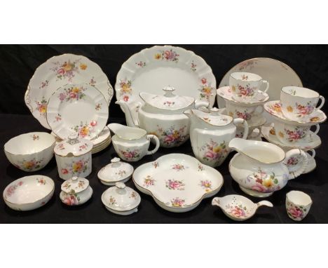 A Royal Crown Derby tea service for six comprising teapot, hot water pot, cream jug, sugar bowl, side plates, cake plate, tea