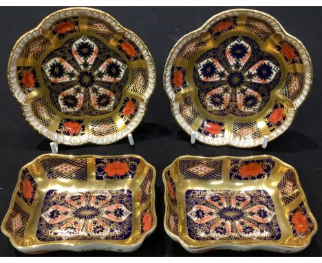 A pair of Royal Crown Derby Imari 1128 pattern rounded rectangular trinket trays, solid gold band, first quality; an 1128 fiv