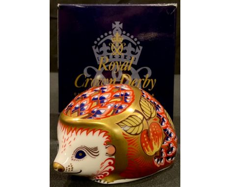 A Royal Crown Derby Orchard Hedgehog paperweight, gold stopper, first quality, boxed 