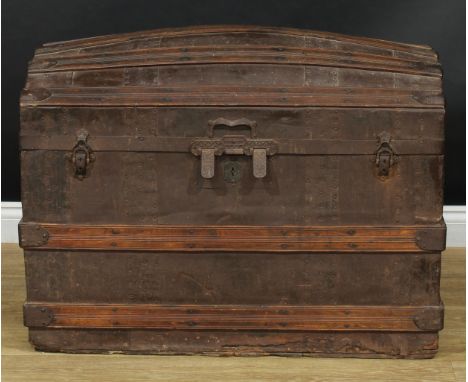 Vintage Luggage - a 19th century wood-bound dome-top cabin trunk, hinged cover, 65cm high, 93cm wide, 51cm deep, c.1880 