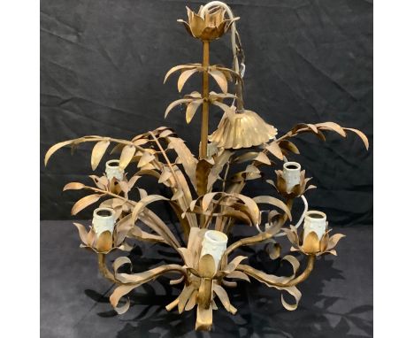 Interior Design - a retro mid 20th century six branch gilt metal ceiling light, naturalistically modelled with scrolling leav