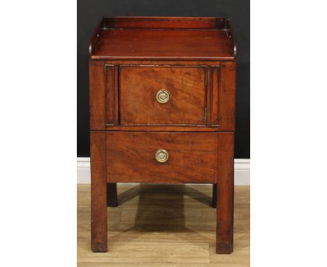 A George III mahogany tray-top bedroom night table or commode, fixed three-quarter gallery with pierced carry handles above a