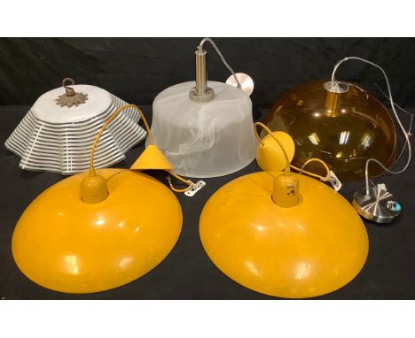 Interior Design - a pair of retro yellow enamel ceiling pendants, 38.5cm diameter; a yellow glass ceiling light; others (5) 