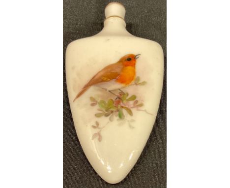 A 19th century Royal Worcester scent bottle, painted with a robin, 9cm long (lacking stopper) 