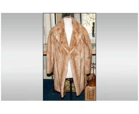 Ladies Light Brown Three Quarter Length Mink Coat, collar with revers, fully lined. Hook & loop fastenings. half back belt. s