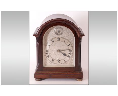 Asprey Of London Fine Mahogany Dome Cased Striking & Chiming Mantle Clock, features silvered dial & chapter ring. Strikes on 