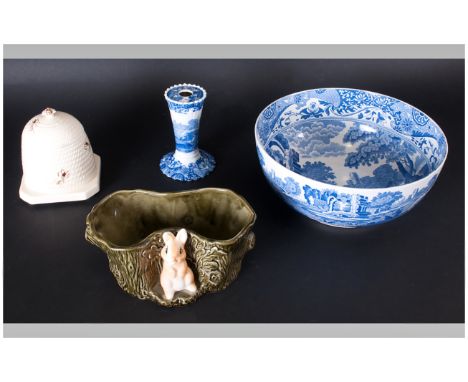 Four Ceramic Items comprising Spode Blue and White Bowl, Spode hat pin holder, Beswick Honey Pot and Sylvac rabbit vase.