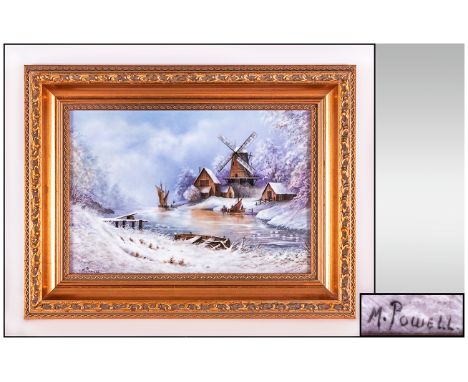Royal Worcester Excellent & Fine Hand Painted & Signed Wall Plaque, Snowy Winter Scene Showing A Windmill By A River With Moo