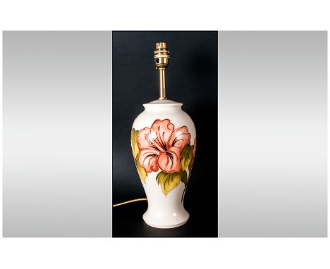 Moorcroft Tall and Impressive Lamp base ' Pink Hibiscus ' on Cream Ground. Stands 15.25 Inches High. Excellent Condition. 