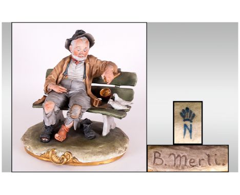 Capodimonte Early and Signed Figure ' Good Hearted Tramp on a Bench ' Signed Bruno Merli. Excellent Condition. 9 Inches High.