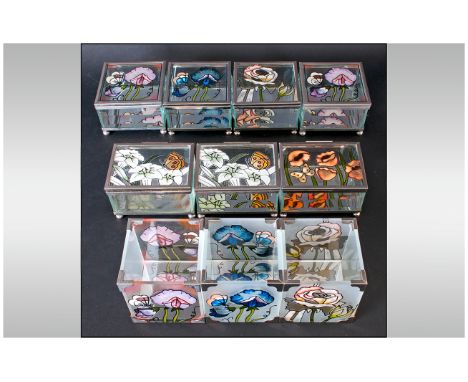 Cascadia Welsh Art Of Glass Handpainted Chrome & Glass Square & Rectangular Shaped Lidded, Footed Trinket Boxes, 10 in total.