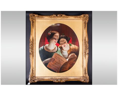 Oil Painting on Canvas In Gilt Swept Frame, with an Inner Oval Gilt Mount, Depicting The Singing Lesson with Two Girls Readin