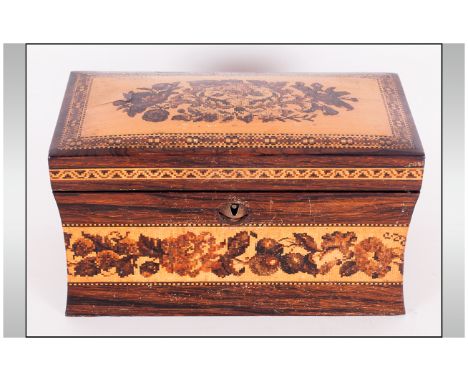 19th Century Rosewood Tea Caddy Tunbridge Ware Inlaid Hinged Lid & Sides. Depicting Floral Decoration, Of Waisted Form, The i