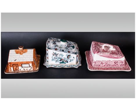 Three Various Ceramic Cheese Dishes and Covers comprising Masons 'Vista', Grimwade Meissen 'Carro', and Price Bros Cottage St