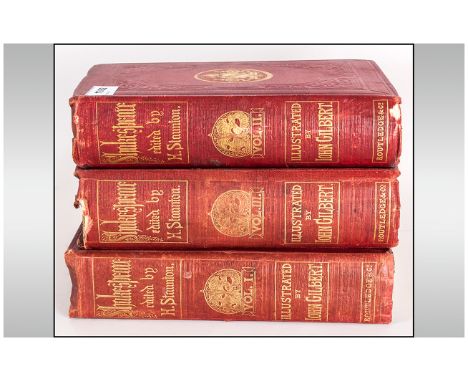 Books; The Plays Of Shakespeare by Howard Stanton 1858-60. a large 7x11'' set of three volumes in red cloth hardback with gil