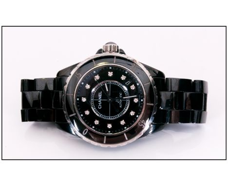 Chanel J12 Unisex Black Ceramic Automatic Wrist Watch with Black Dial and Diamond Markers. Model Num. H1626. Supplied with Ex